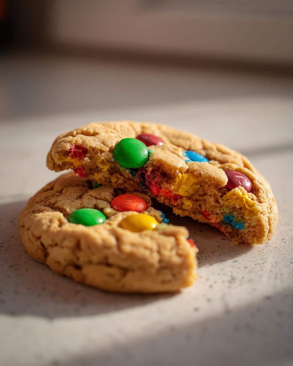 Fail-Proof Christmas Monster Cookies in Just 12 Minutes 8 A Christmas Monster Cookie broken in half, revealing colorful chocolate candies inside.