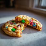 A halved Christmas Monster Cookie showing colorful candies and a soft, chewy texture.