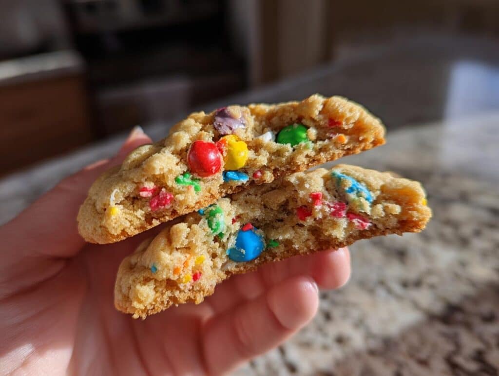 A halved Christmas Monster Cookie held in a hand, showing colorful candies and a soft interior.
