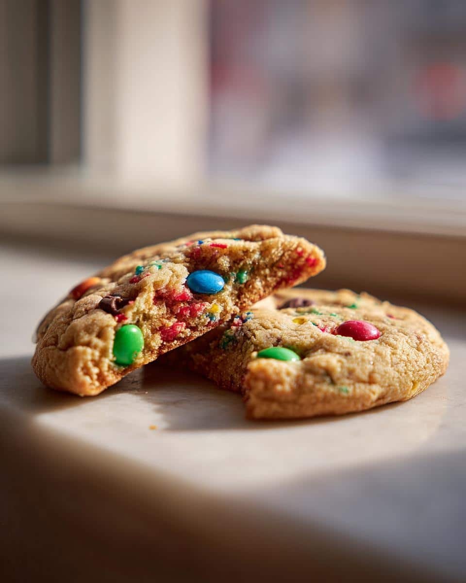 Fail-Proof Christmas Monster Cookies in Just 12 Minutes 6 A halved Christmas Monster Cookie revealing colorful candy pieces and chocolate chips within.
