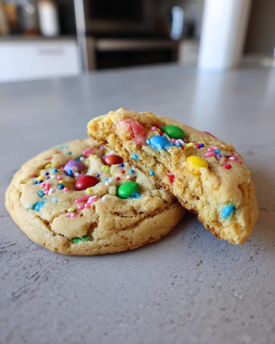 Fail-Proof Christmas Monster Cookies in Just 12 Minutes 7 Two Christmas Monster Cookies, one broken in half, showing colorful sprinkles and candies.
