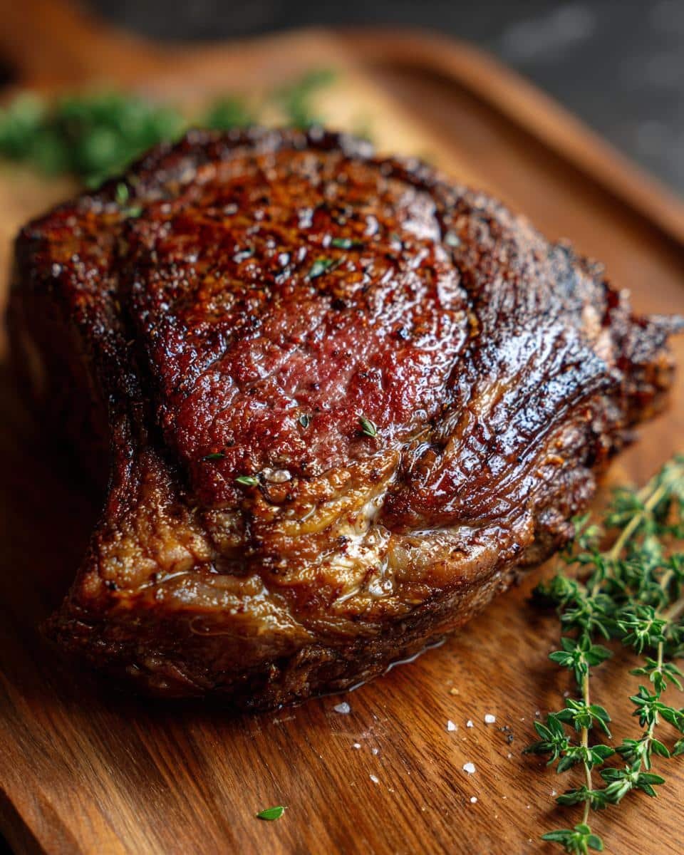 Christmas Prime Rib: Avoid Disaster With This Recipe 6 A perfectly roasted Christmas Prime Rib on a wooden board, garnished with thyme.