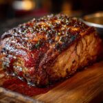 A beautifully roasted Christmas Prime Rib on a wooden cutting board, ready to be served.