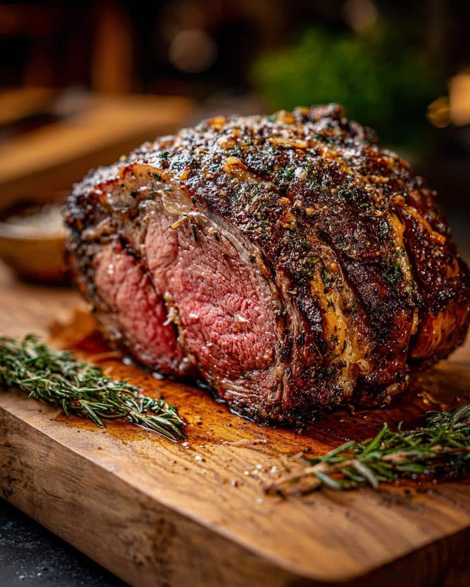 Christmas Prime Rib: Avoid Disaster With This Recipe 7 Perfectly cooked Christmas Prime Rib roast on a wooden cutting board, garnished with fresh rosemary.