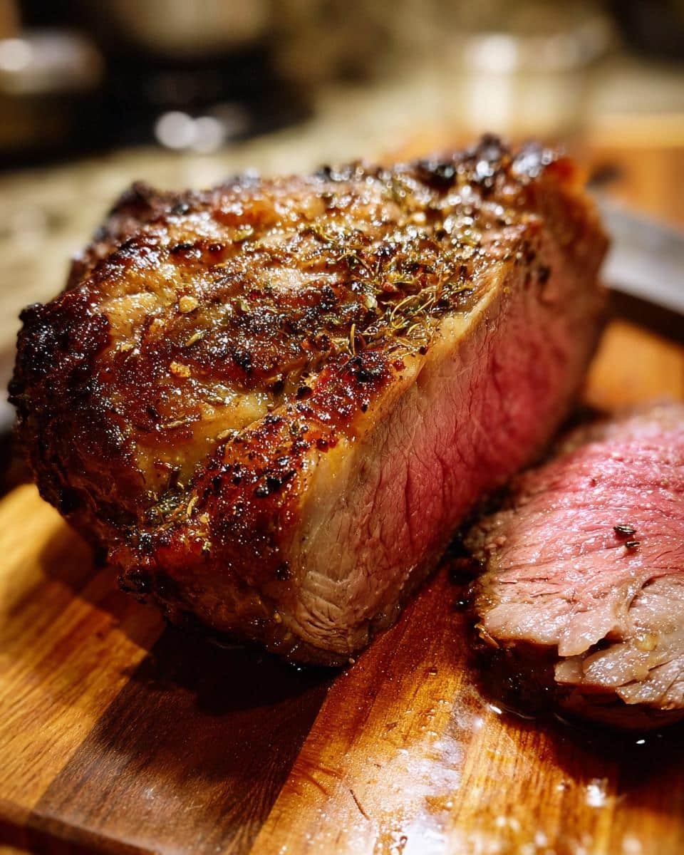 Christmas Prime Rib: Avoid Disaster With This Recipe 8 Close-up of a perfectly cooked Christmas Prime Rib roast, sliced to reveal a juicy, pink interior.