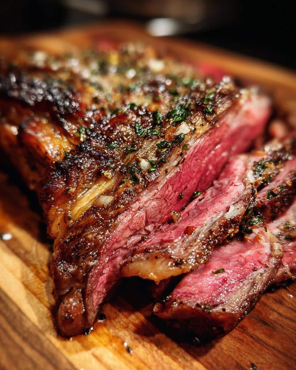 Christmas Prime Rib: Avoid Disaster With This Recipe 9 Close-up of sliced Christmas Prime Rib roast, showing a perfect medium-rare cook and herb crust.