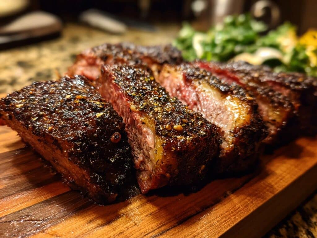 Slices of Christmas Prime Rib on a wooden cutting board, showing a dark crust and juicy pink interior.