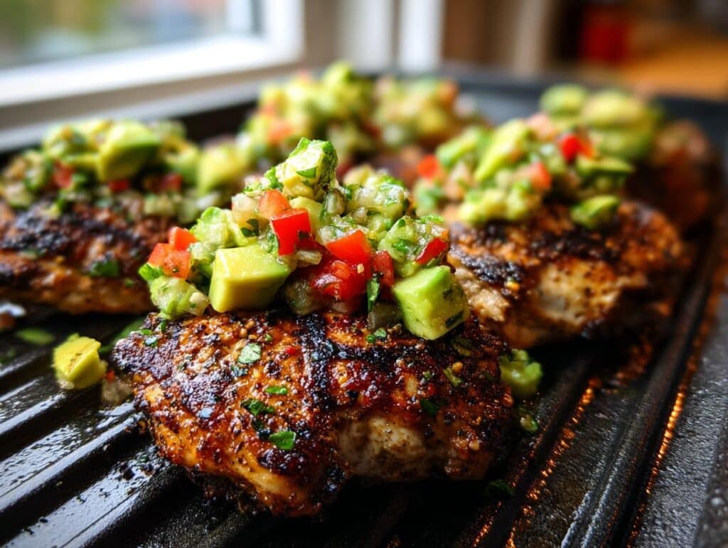 Grilled Cilantro Lime Chicken topped with fresh Avocado Salsa, ready to serve.