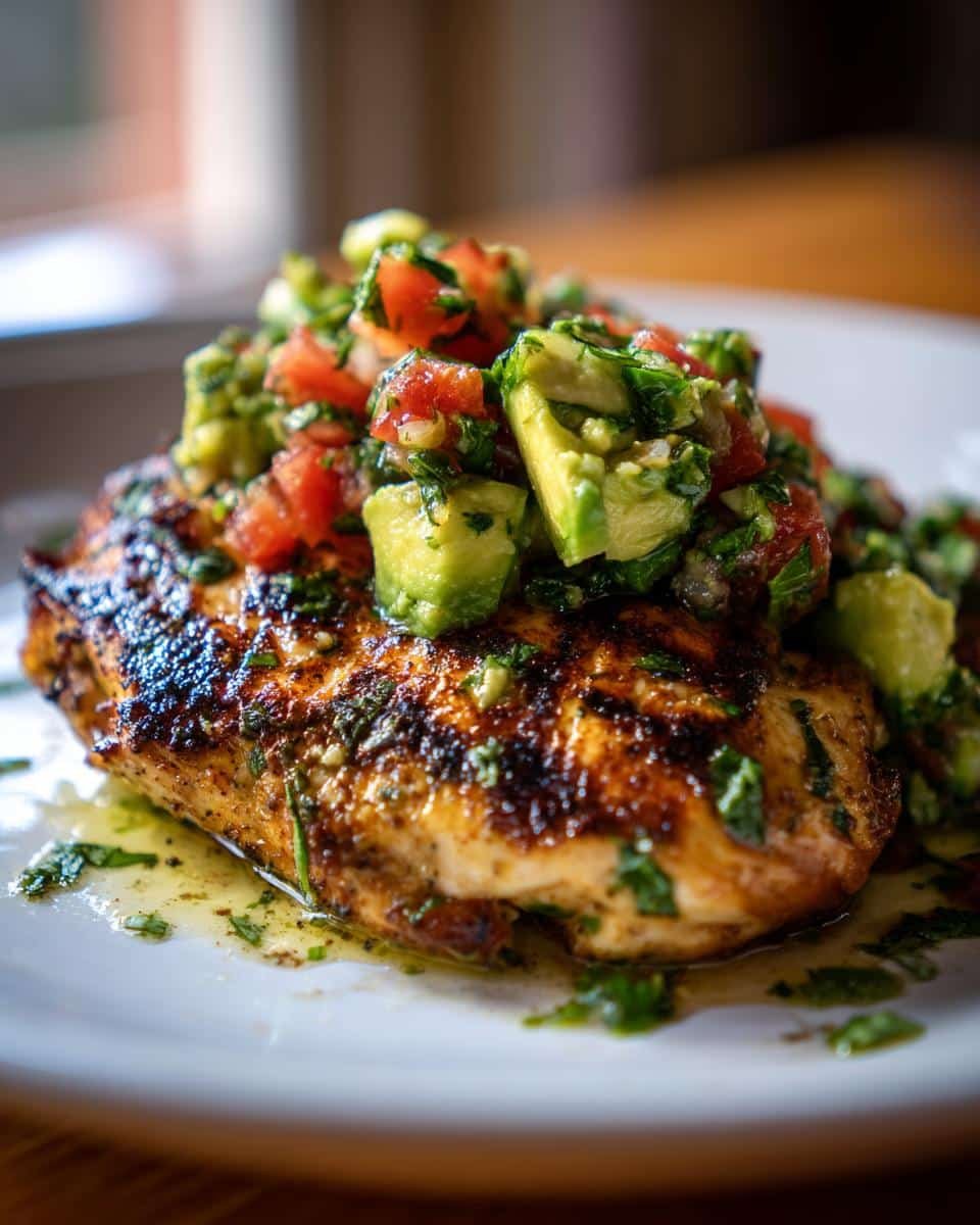 Irresistible Cilantro Lime Chicken with Avocado Salsa in 30 6 Juicy Cilantro Lime Chicken topped with fresh Avocado Salsa on a white plate.