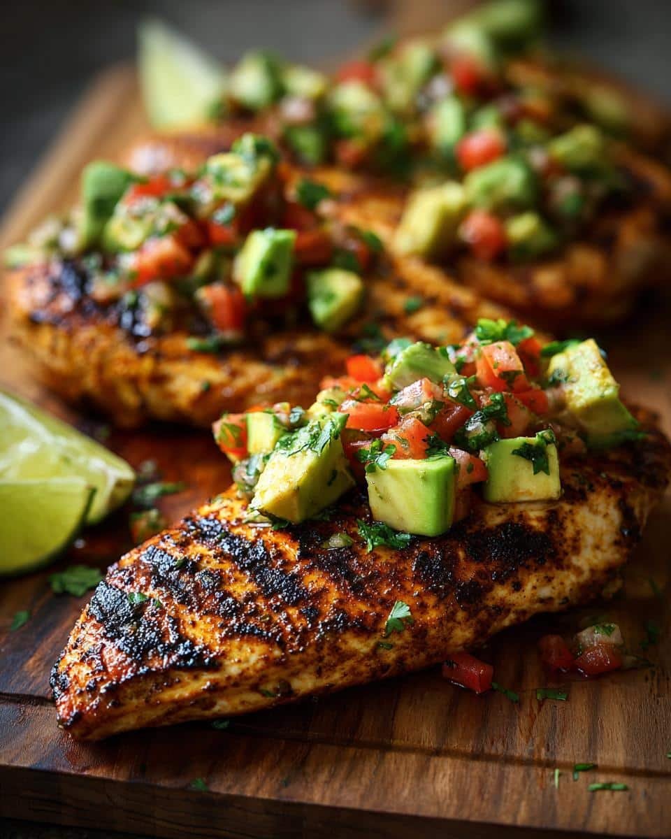 Irresistible Cilantro Lime Chicken with Avocado Salsa in 30 8 Grilled Cilantro Lime Chicken topped with fresh avocado salsa and a lime wedge.