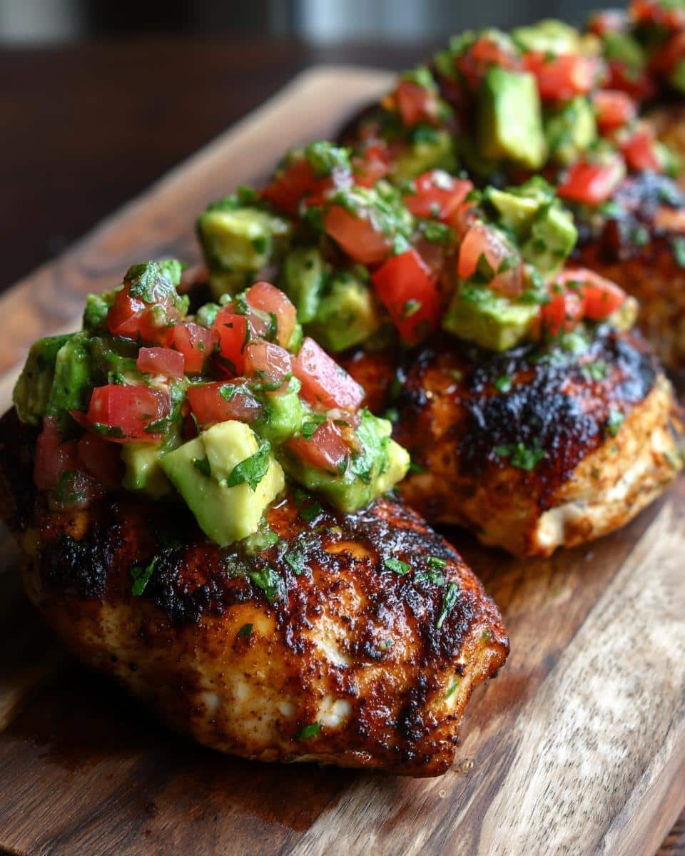 Irresistible Cilantro Lime Chicken with Avocado Salsa in 30 9 Juicy Cilantro Lime Chicken with Avocado Salsa on a wooden board, ready to serve.