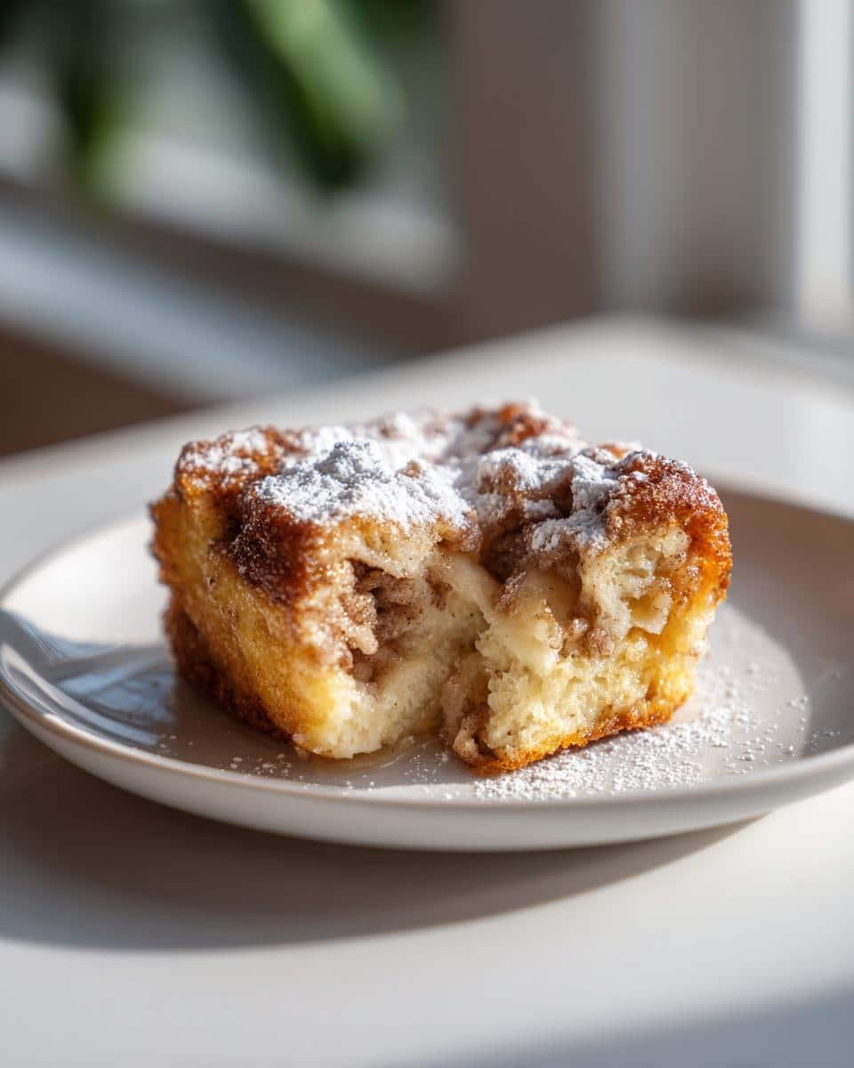 Irresistible Fluffy Cinnamon Roll French Toast Bites Recipe 8 Close-up of a Fluffy Cinnamon Roll French Toast Bite, dusted with powdered sugar on a white plate.