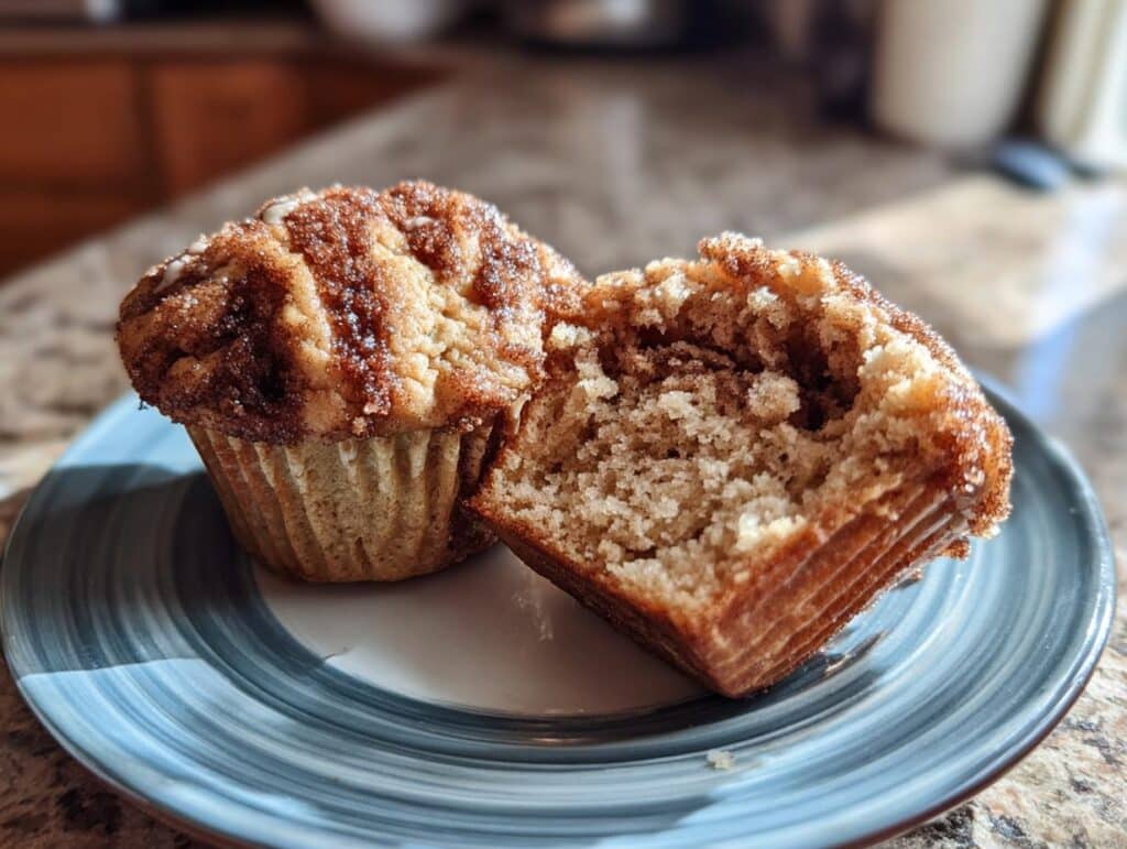 Two Cinnamon Roll Protein Muffins on a blue plate, one muffin cut in half to show the inside texture.