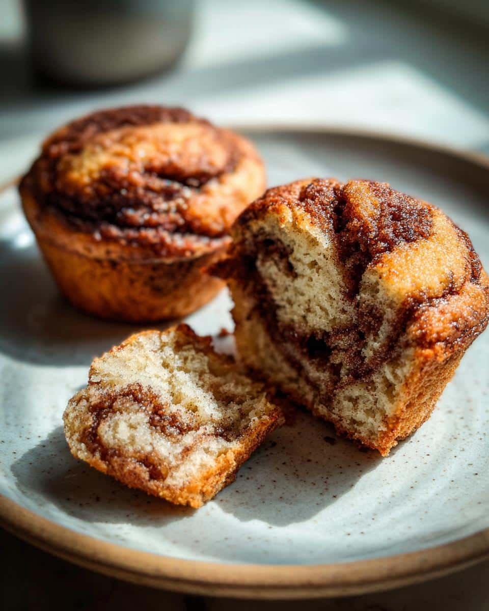 Devastatingly Delicious Cinnamon Roll Protein Muffins 6 Two Cinnamon Roll Protein Muffins on a plate, one muffin is cut in half to show the inside.
