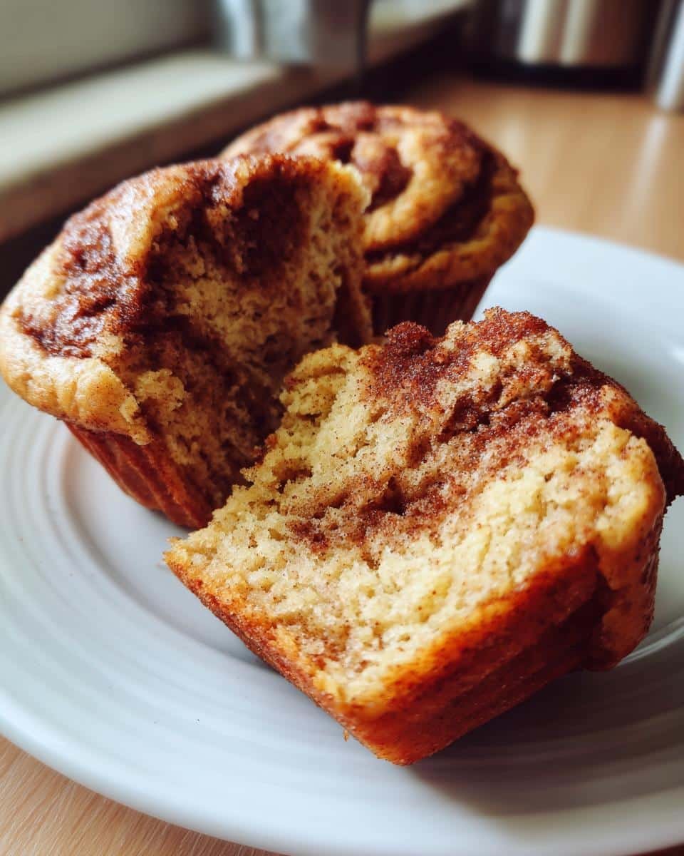 Devastatingly Delicious Cinnamon Roll Protein Muffins 9 A cinnamon roll protein muffin, split open to show the soft inside, sits on a white plate.