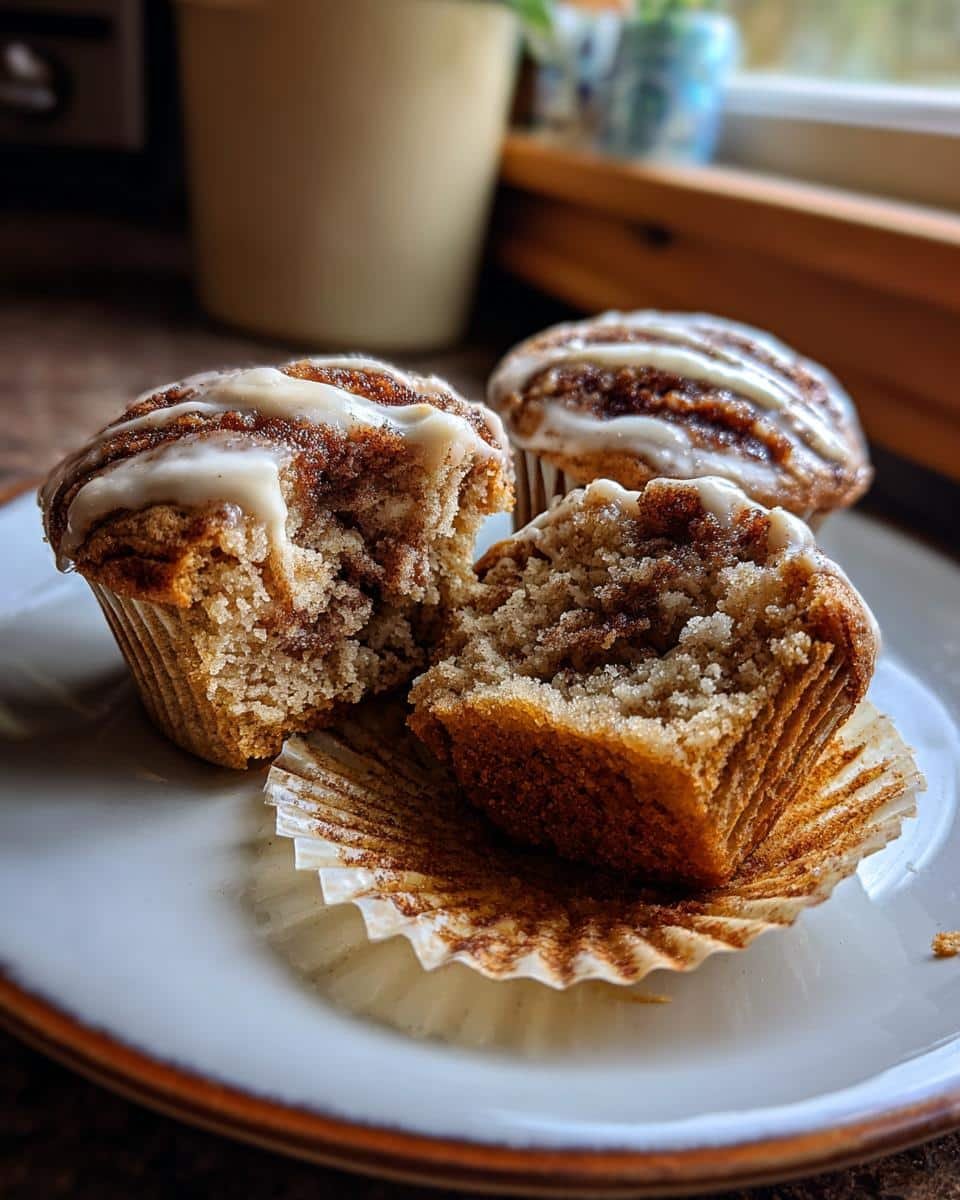 Devastatingly Delicious Cinnamon Roll Protein Muffins 8 A cinnamon roll protein muffin, split open to show the texture, sits on a plate with other muffins.