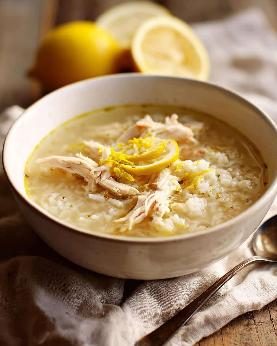 Classic Greek Lemon Chicken Soup: Grandma's Foolproof Secret 6 A bowl of Classic Greek Lemon Chicken Soup with rice, chicken, and lemon garnish, ready to eat.