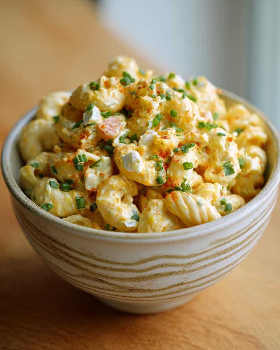 Classic Simple Macaroni Salad Recipe: 20-Minute Bliss 7 Bowl of Classic Simple Macaroni Salad, garnished with chives and paprika, ready to serve.