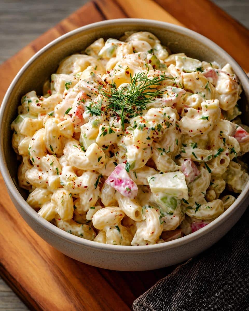 Classic Simple Macaroni Salad Recipe: 20-Minute Bliss 6 Bowl of Classic Simple Macaroni Salad with elbow pasta, vegetables, and creamy dressing, garnished with dill.