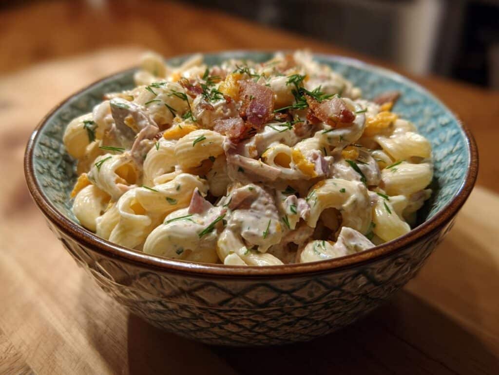 A bowl of Classic Simple Macaroni Salad Recipe, garnished with dill and bacon bits, ready to serve.
