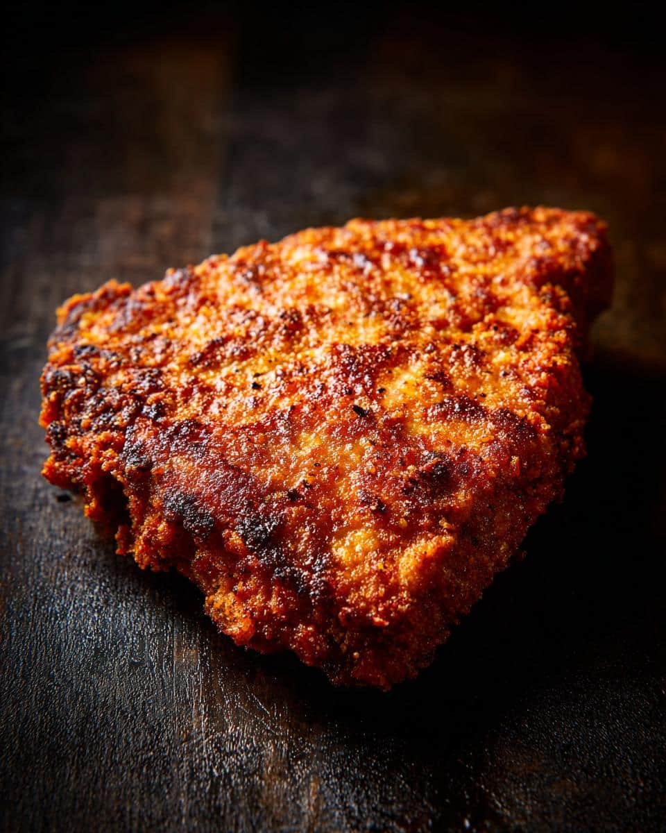 Disgustingly Easy Country Fried Steak Recipe: 30-Minute Win 7 Close-up of a perfectly golden-brown Country Fried Steak on a dark wooden surface.