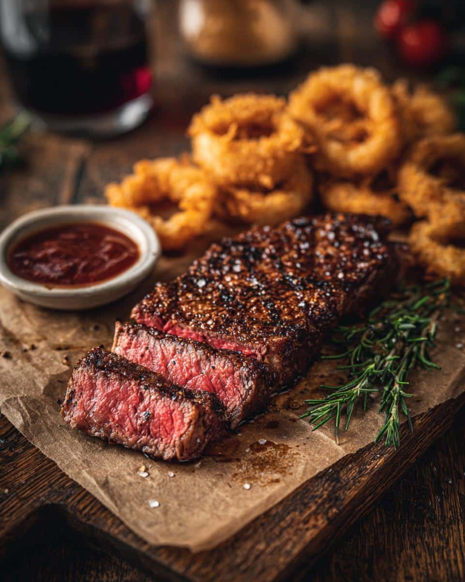 Disgustingly Easy Country Fried Steak Recipe: 30-Minute Win 9 Sliced Country Fried Steak, medium rare, served with onion rings and dipping sauce. Rosemary garnish.