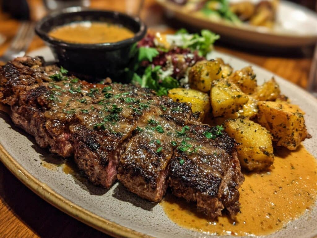 A juicy Country Fried Steak served with roasted potatoes, gravy, and a side salad.