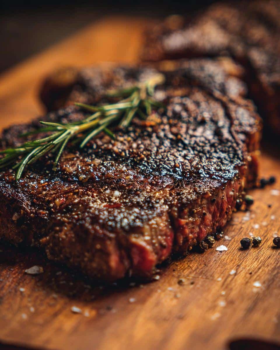 Disgustingly Easy Country Fried Steak Recipe: 30-Minute Win 8 Close-up of a perfectly cooked Country Fried Steak, garnished with rosemary and peppercorns on a wooden board.