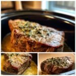 Delicious Cowboy Butter Steak Slow Cooker with herbs, cooked to perfection.