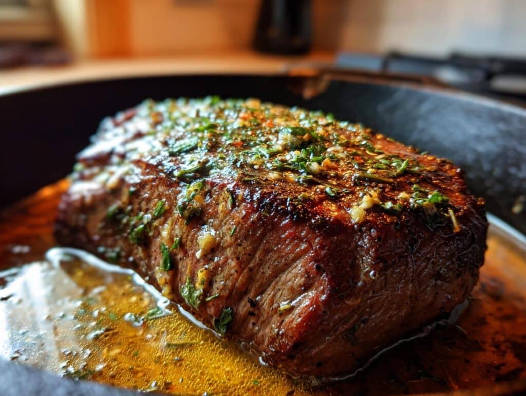 Close-up of Cowboy Butter Steak Slow Cooker, cooked in a cast iron pan with herbs and butter sauce.