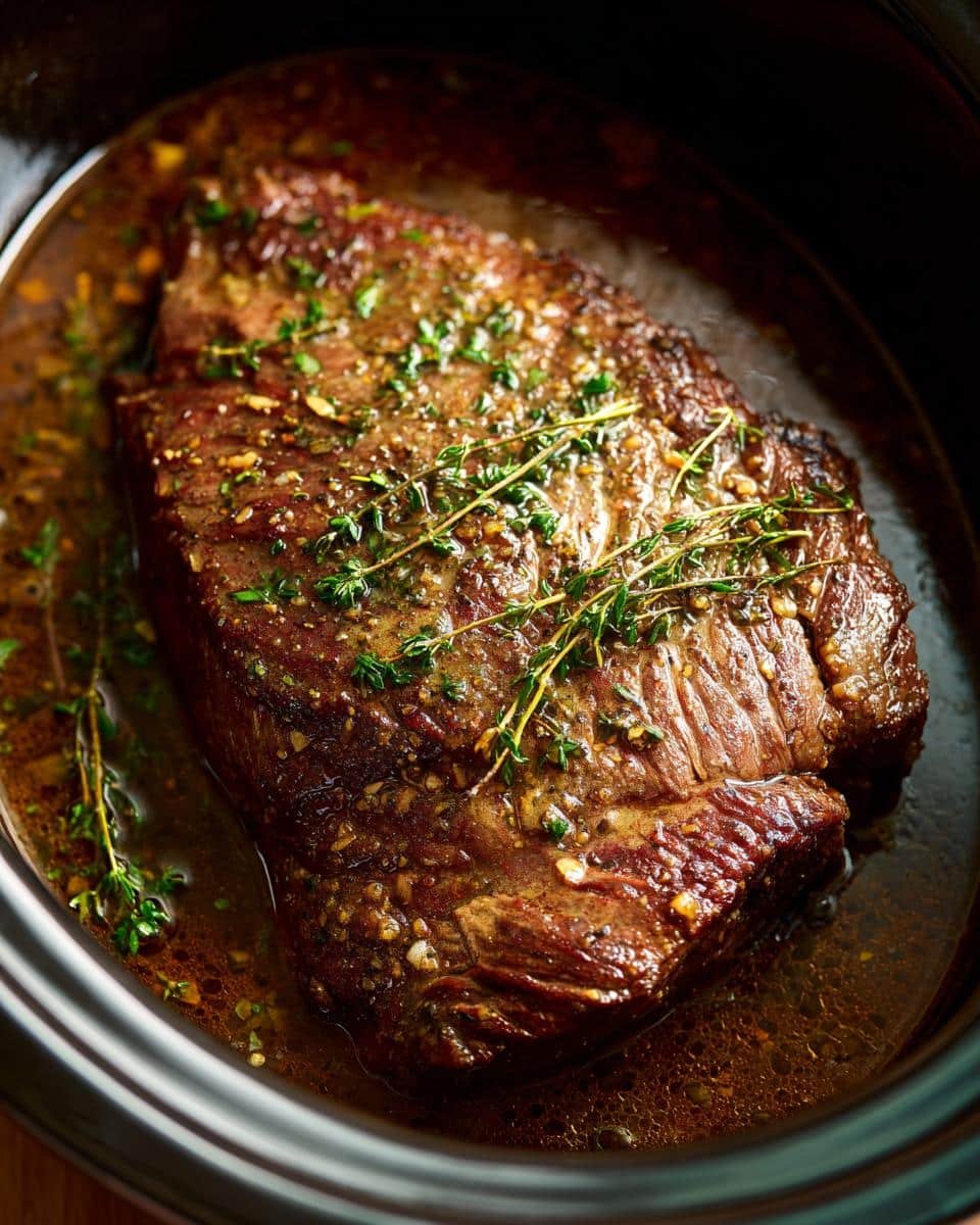 Unbelievable Cowboy Butter Steak Slow Cooker in Just 8H 6 Close-up of Cowboy Butter Steak Slow Cooker, garnished with fresh thyme in a slow cooker.