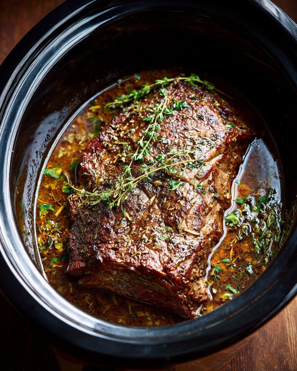 Unbelievable Cowboy Butter Steak Slow Cooker in Just 8H 8 Delicious Cowboy Butter Steak in the Slow Cooker, garnished with fresh thyme.