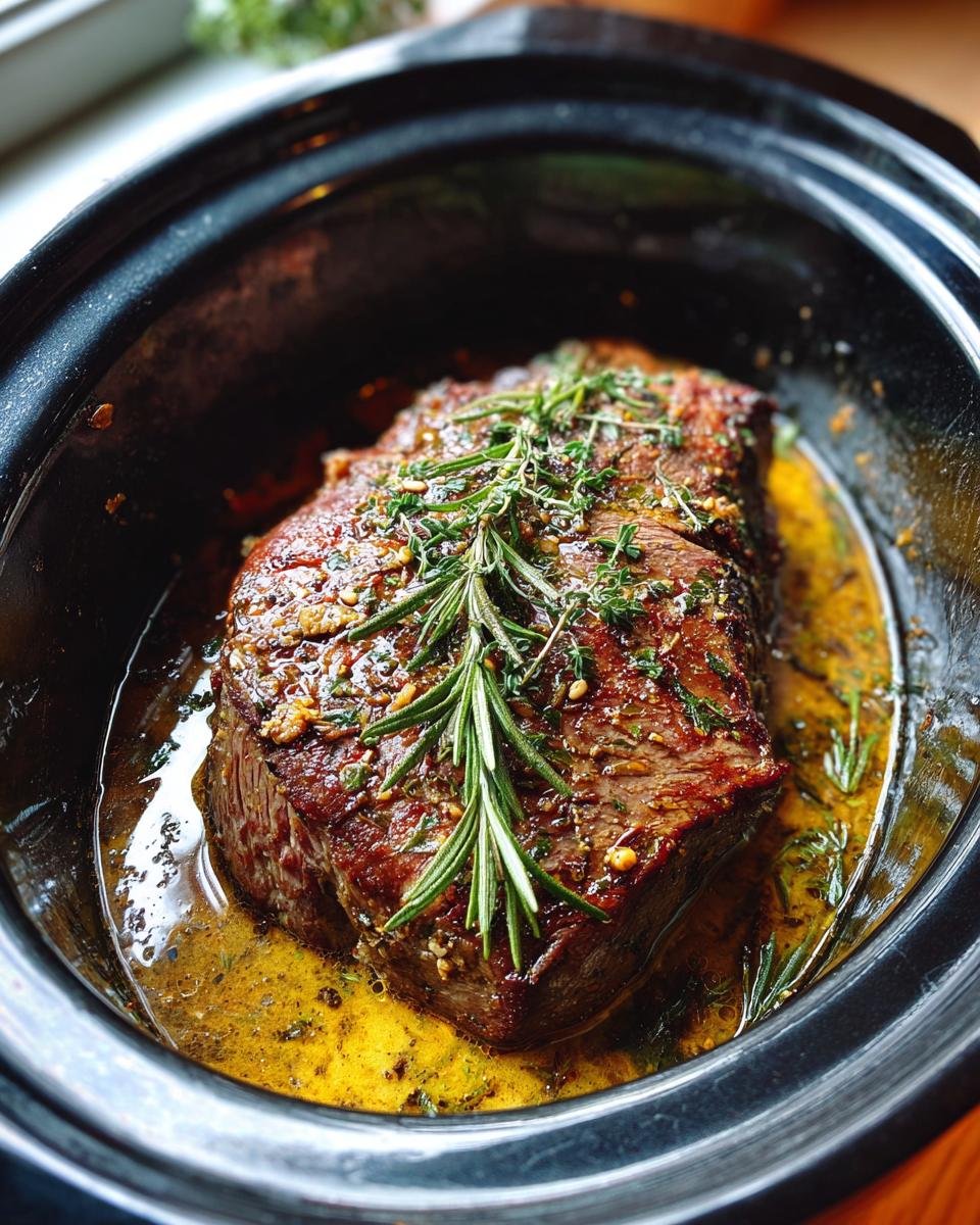 Unbelievable Cowboy Butter Steak Slow Cooker in Just 8H 9 Delicious Cowboy Butter Steak in a Slow Cooker, garnished with rosemary and herbs.