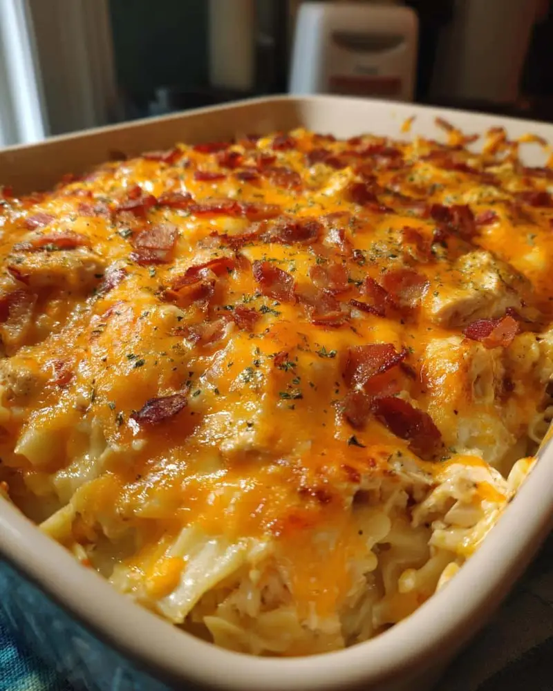 Irresistible Crack Chicken Casserole Recipe: Just 4 Steps 7 Close up of a freshly baked Crack Chicken Casserole topped with melted cheese and crispy bacon bits.