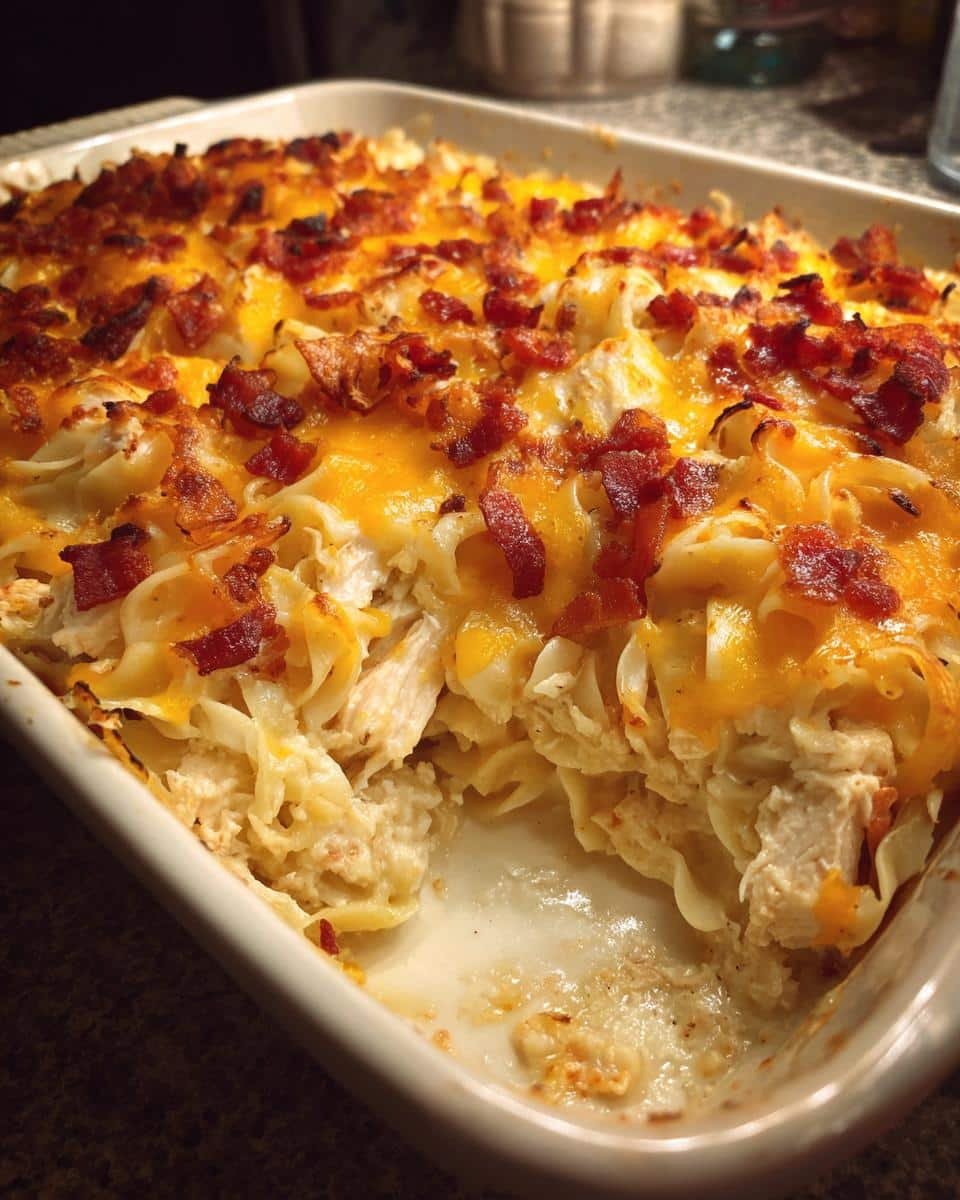 Irresistible Crack Chicken Casserole Recipe: Just 4 Steps 8 Baked Crack Chicken Casserole with noodles, chicken, cheese, and bacon in a white baking dish.