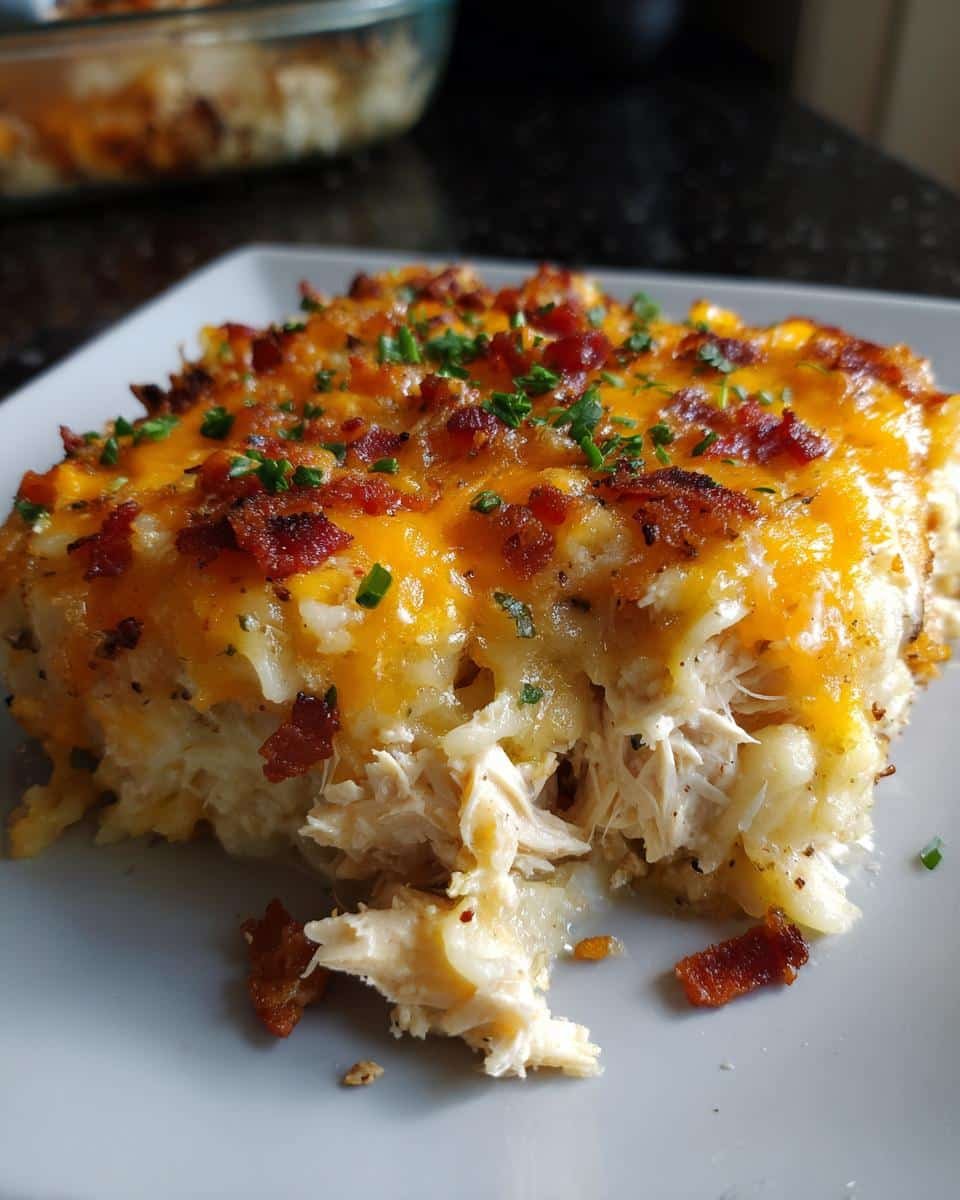 Irresistible Crack Chicken Casserole Recipe: Just 4 Steps 9 A single serving of Crack Chicken Casserole, topped with melted cheese, bacon bits, and chives.