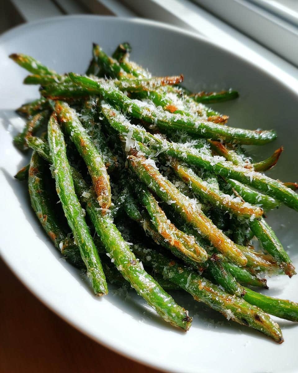 Irresistible Crack Green Beans: 5 Simple Steps 9 Overhead shot of crispy Crack Green Beans in a white bowl, sprinkled with parmesan cheese.