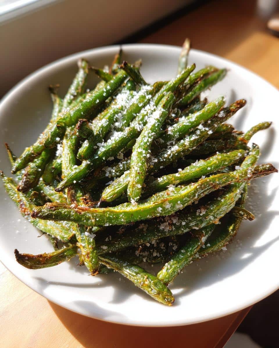 Irresistible Crack Green Beans: 5 Simple Steps 7 Overhead view of crispy Crack Green Beans on a white plate, seasoned with salt.