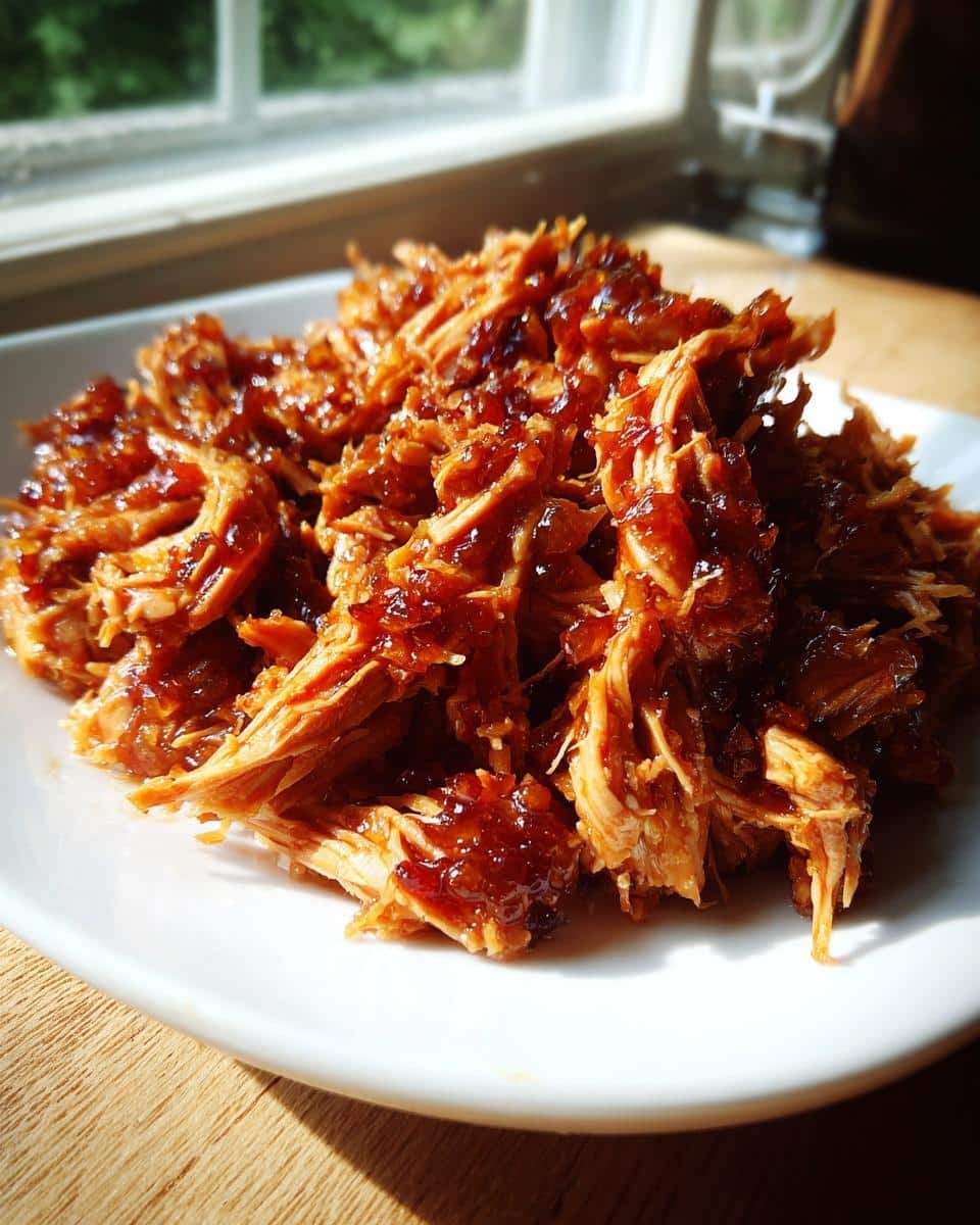 Fail-Proof Easy Vintage Cranberry Noel Dessert Recipe 9 Close-up of pulled pork with a shiny cranberry glaze on a white plate, ready to be used in Easy Vintage Cranberry Noel Dessert Recipe.