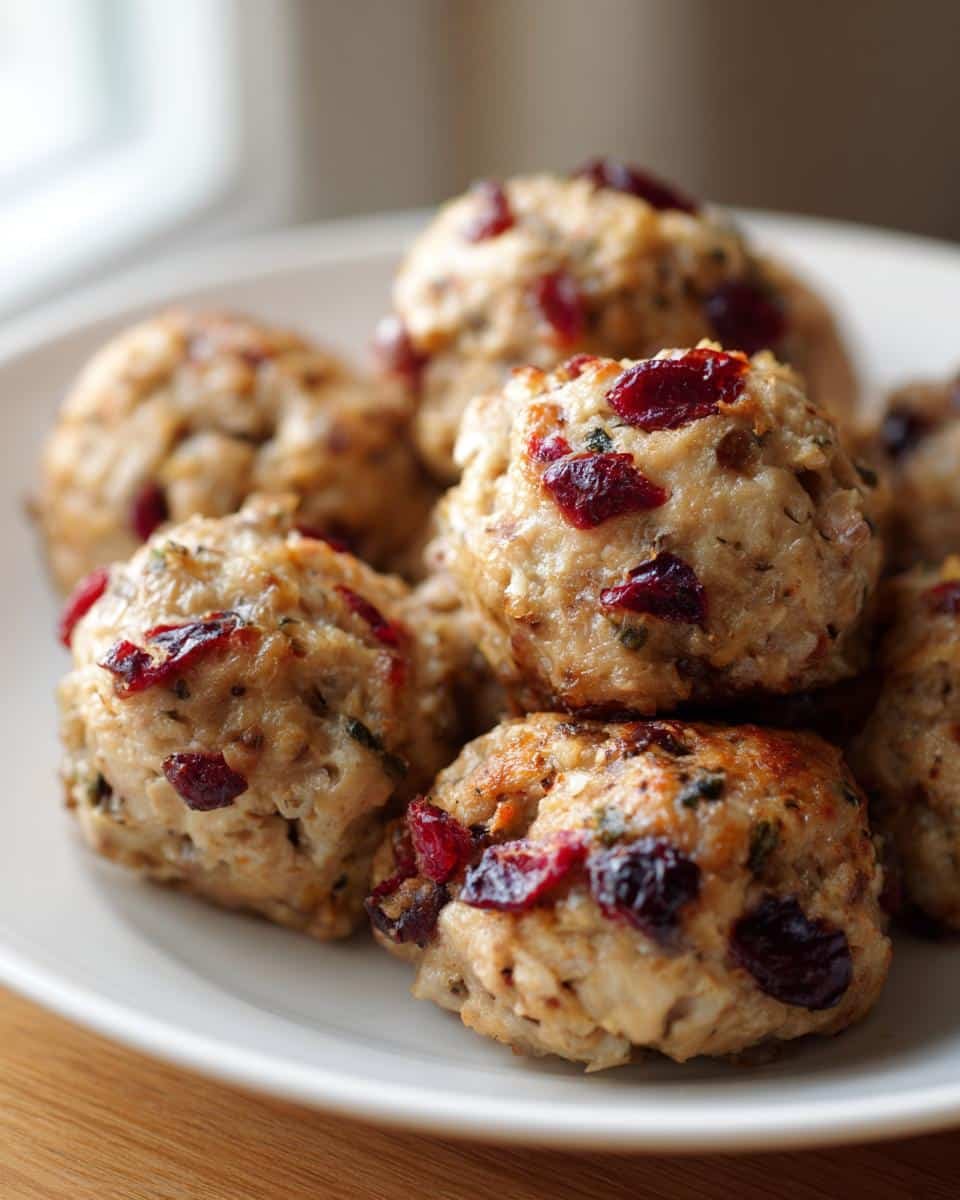 Festive Cranberry Turkey Stuffing Balls: Ditch Dread 7 A plate of homemade Festive Cranberry Turkey Stuffing Balls, ready to be served and enjoyed.