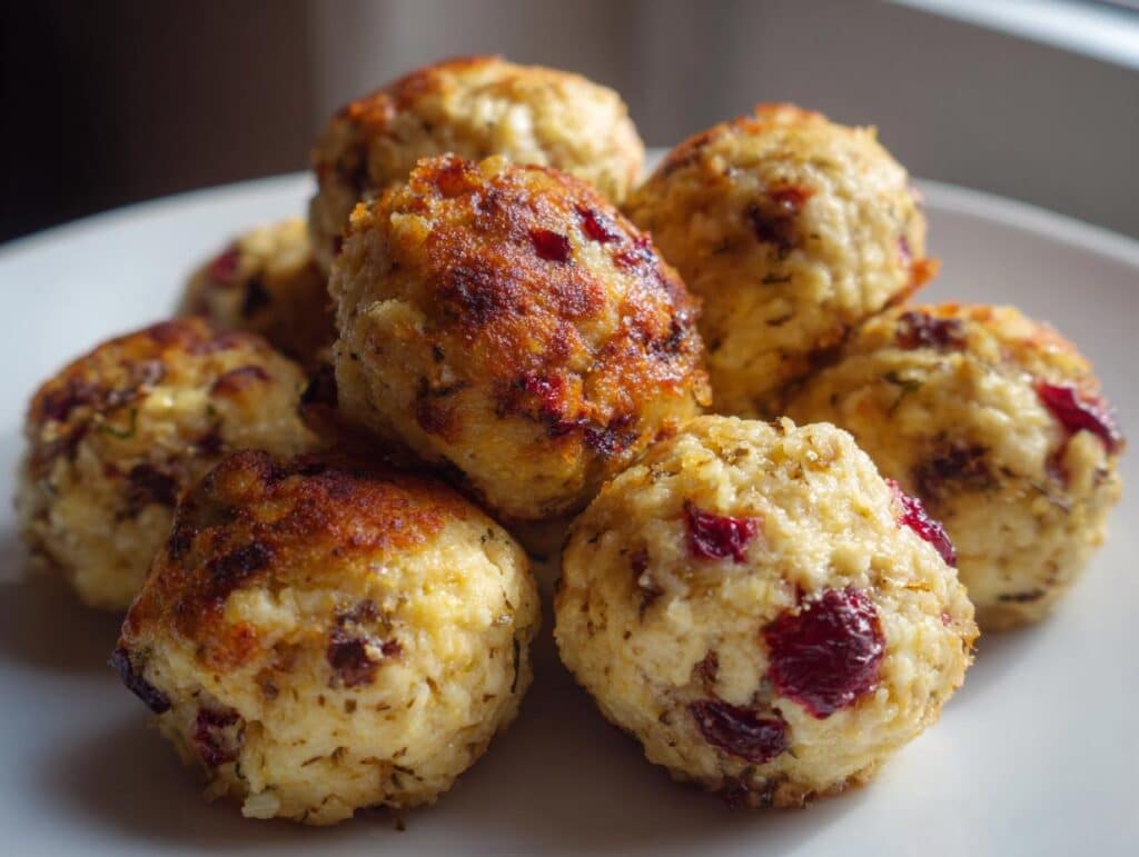 A pile of golden Festive Cranberry Turkey Stuffing Balls on a white plate, ready to be served.