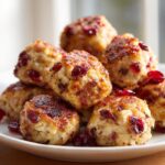 A stack of golden-brown festive cranberry turkey stuffing balls on a white plate, studded with bright red cranberries.