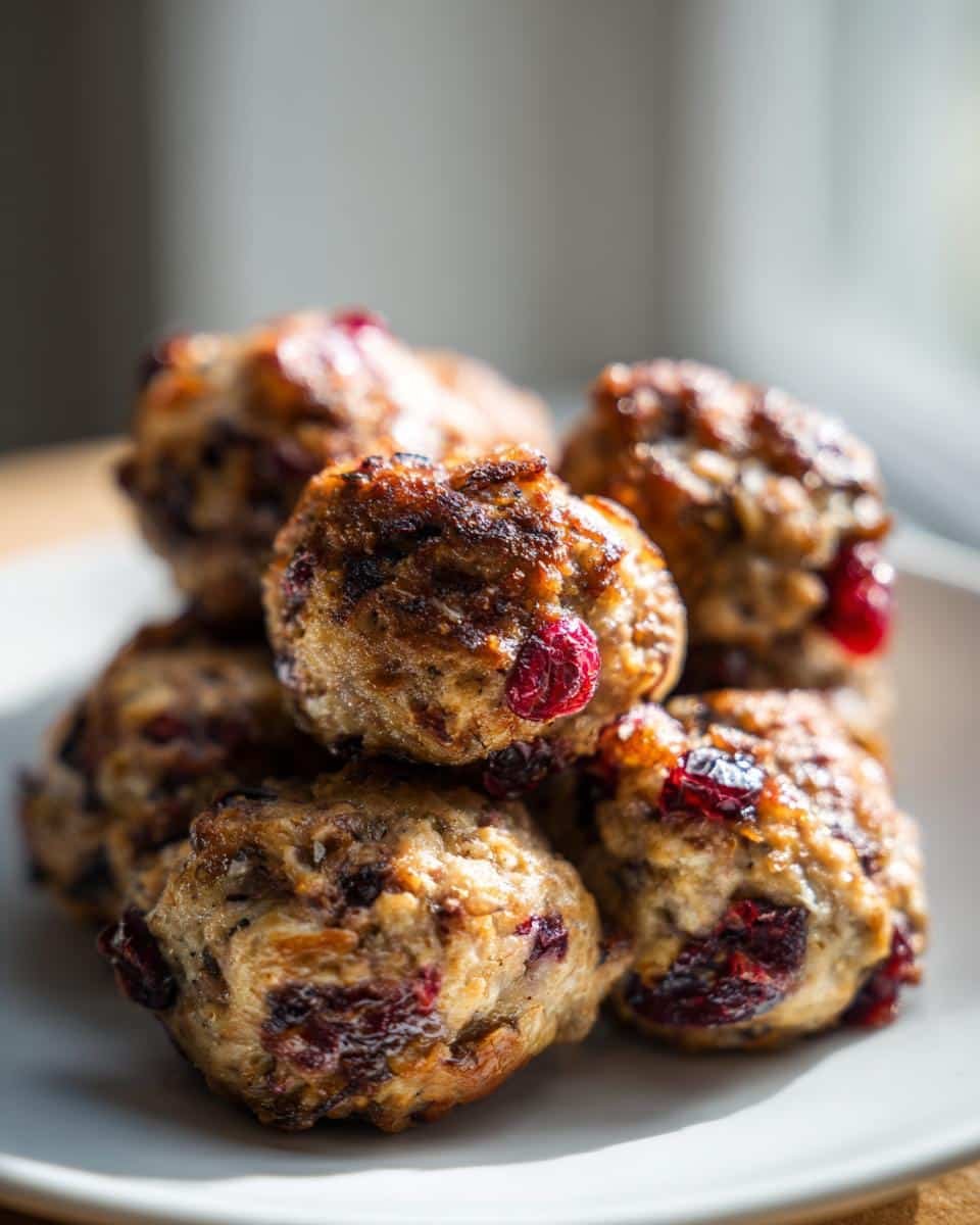 Festive Cranberry Turkey Stuffing Balls: Ditch Dread 8 A stack of delicious Festive Cranberry Turkey Stuffing Balls on a white plate, ready to eat.