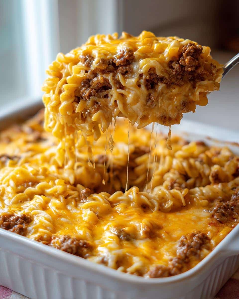 Unbelievably Simple Crazy Good Casserole in 35 Mins 8 Spoonful of Crazy Good Casserole with pasta, beef, and melted cheese being lifted from a baking dish.