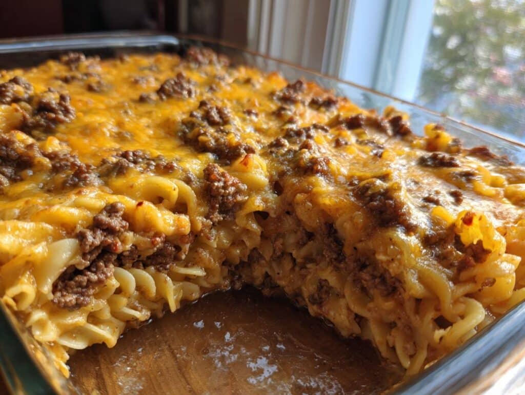 Close-up of a cheesy Crazy Good Casserole with pasta and ground beef in a glass baking dish.