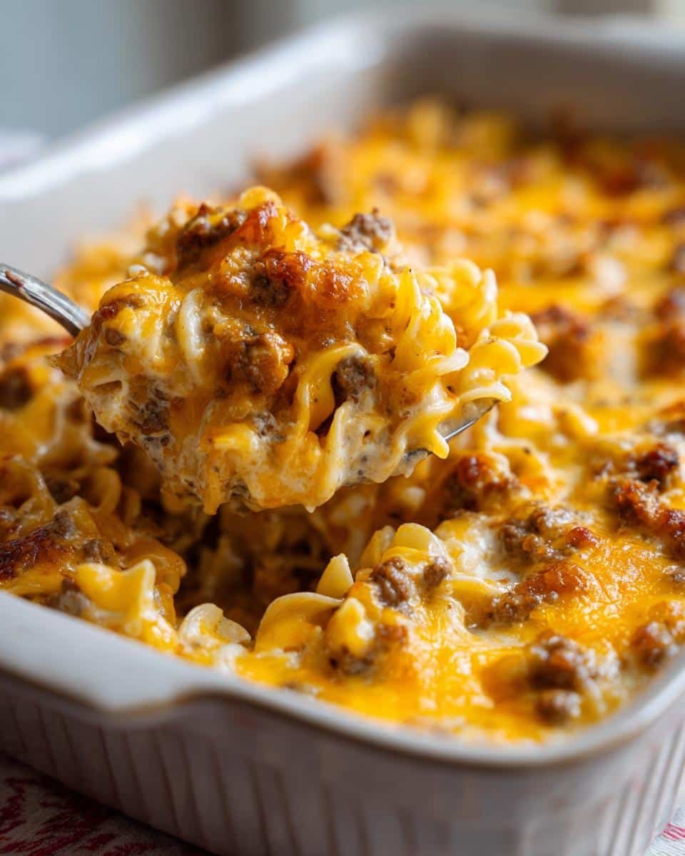 Unbelievably Simple Crazy Good Casserole in 35 Mins 7 A spoonful of cheesy Crazy Good Casserole with pasta and meat, ready to be served from the baking dish.