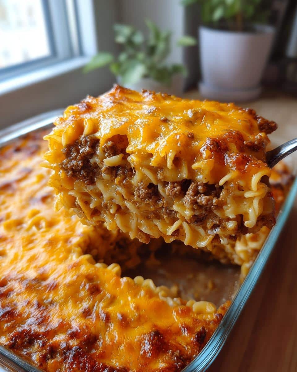 Unbelievably Simple Crazy Good Casserole in 35 Mins 9 A spoonful of Crazy Good Casserole with pasta, meat, and melted cheese being lifted from a glass baking dish.