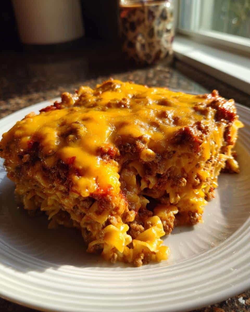 Unbelievably Simple Crazy Good Casserole in 35 Mins 6 A slice of Crazy Good Casserole on a white plate, featuring layers of pasta, meat sauce, and melted cheese.