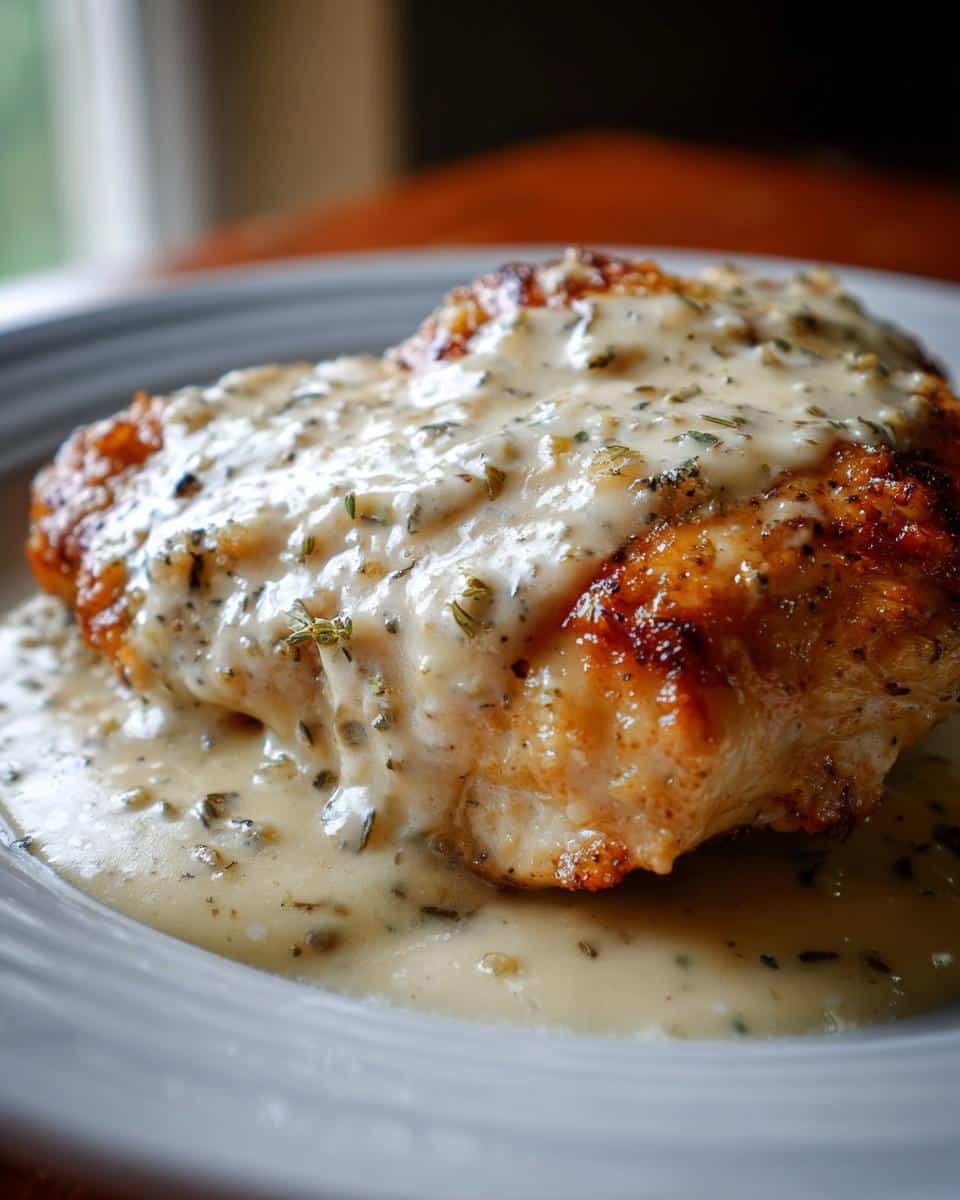 Disgustingly Easy 6-Ingredient Cream Cheese Chicken 7 Cream cheese chicken breast topped with a creamy herb sauce on a white plate.
