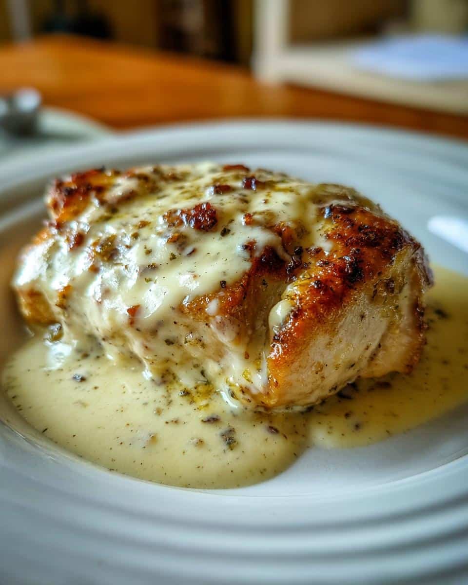 Disgustingly Easy 6-Ingredient Cream Cheese Chicken 9 Juicy cream cheese chicken breast topped with a creamy herb sauce on a white plate.